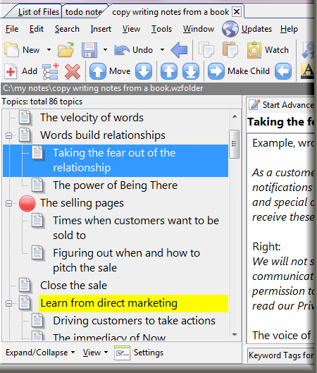 Outlining list in WhizFolders